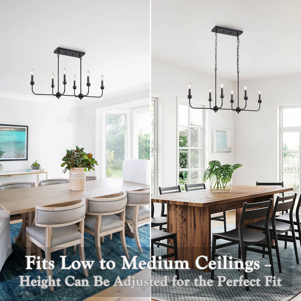 Modern Black 6-Light Linear Chandelier, E12 Base, Adjustable Chain Lighting Fixture Island, Dining Room, or Long Table