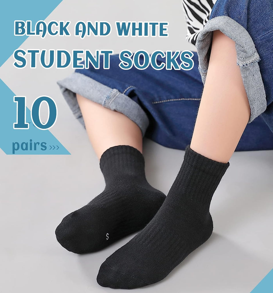Kids Athletic Crew Socks Boys Girls Classics Cotton School Uniform Childs Sports Breathable Casual Socks 10 Pairs