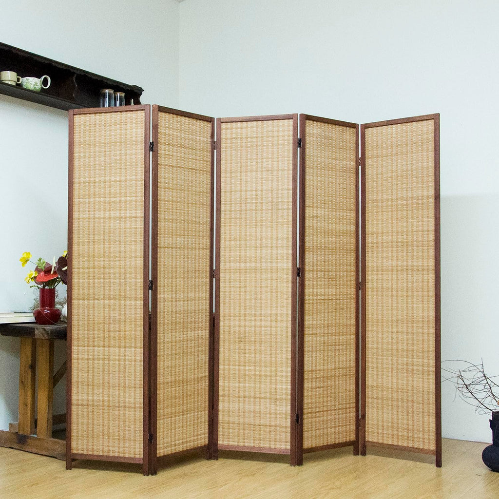 5-Panel Bamboo Room Divider - 5.6 ft Tall Brown Folding Privacy Screen, Double-Sided Freestanding Partition Wall with