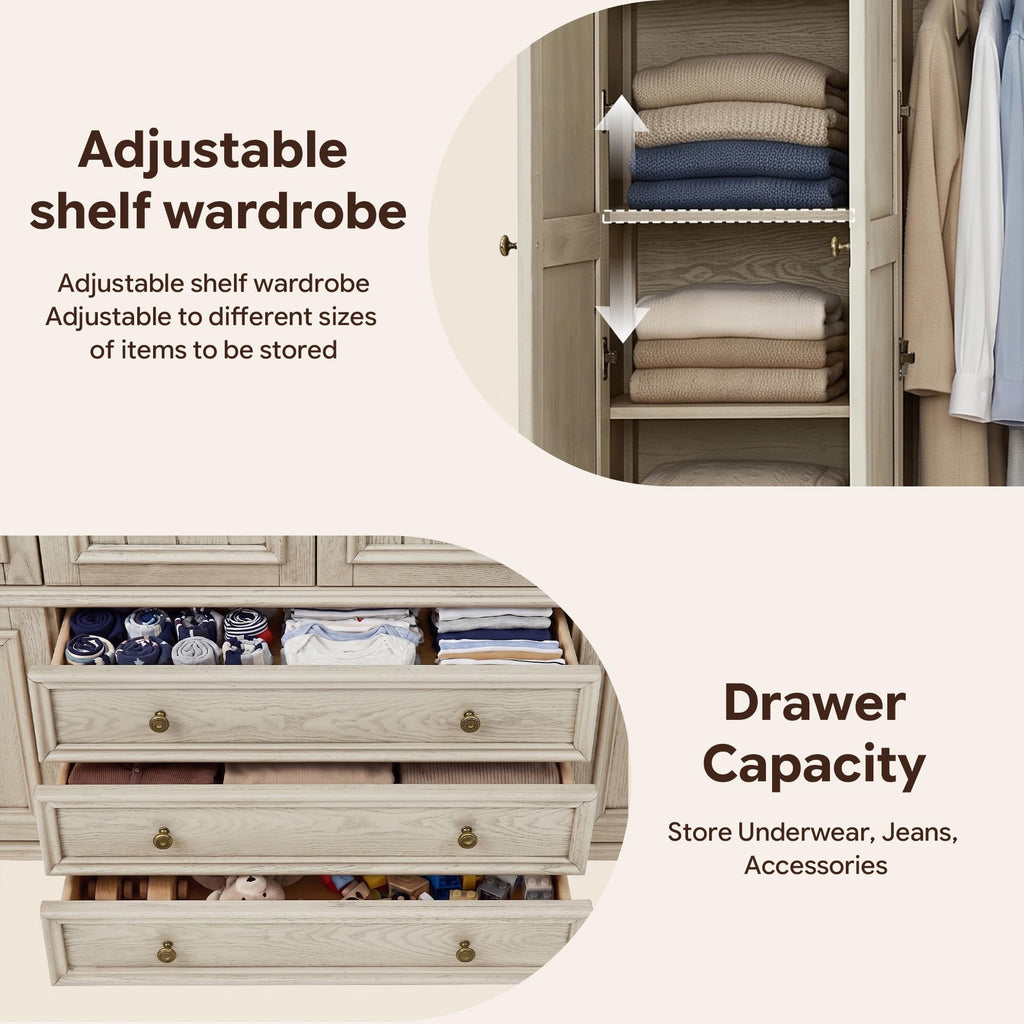 4 Door Solid Wood Armoire Wardrobe Closet with Drawers, White