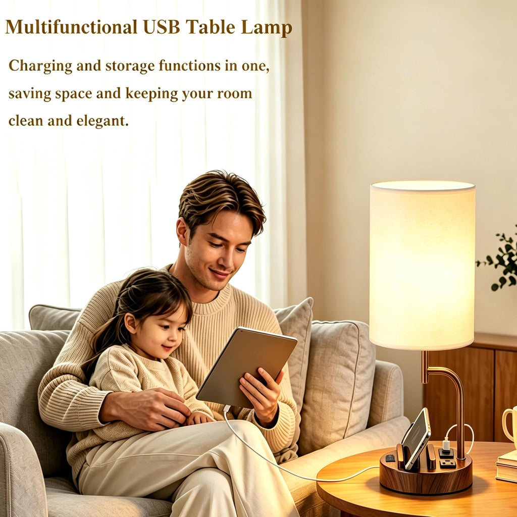 2 Pack Table Lamp, Bedside Lamp with 3 USB Charging Ports & AC Outlet, USB Desk Lamp with 2 Phone Holders, Linen