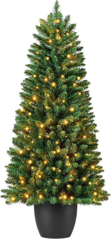 Prelit Potted Pencil Christmas Tree, 4.5Ft Artificial Lighted Holiday Décor, 175 Twinkling LEDs , Front Porch