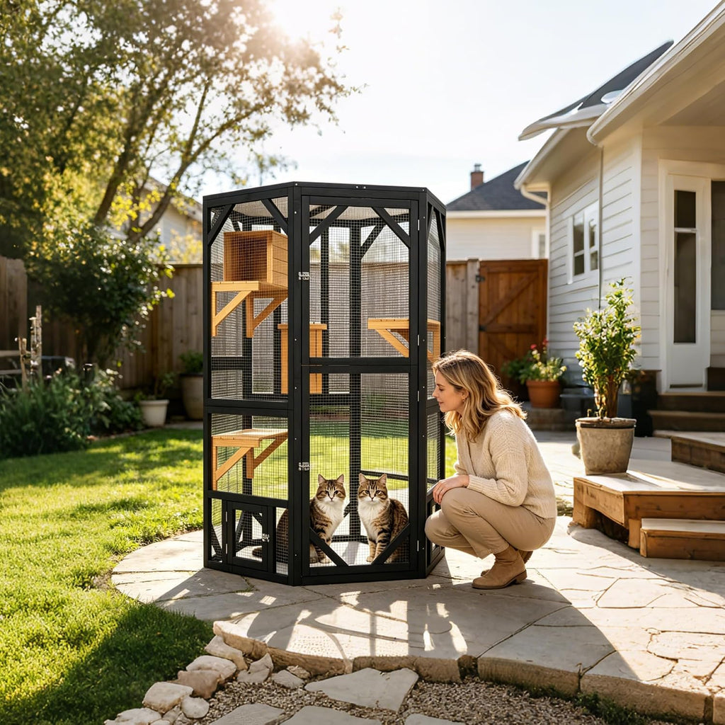 69.3 Inch Catio Outdoor Cat Enclosure, Hexagonal Tall Wooden Cat Catio