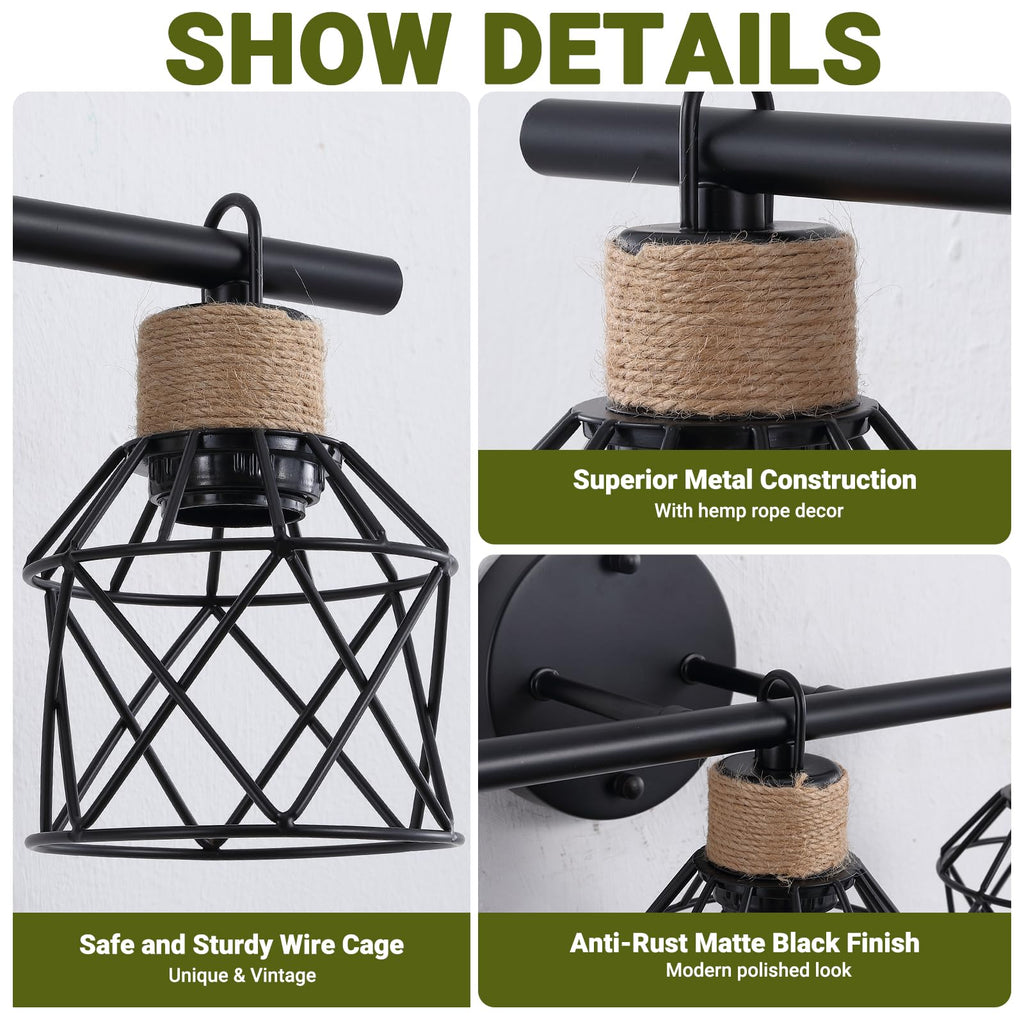 3-Light Farmhouse Bathroom Vanity Light Fixtures Over Mirror, Matte Black Vanity Lights with Metal Cage Lampshade