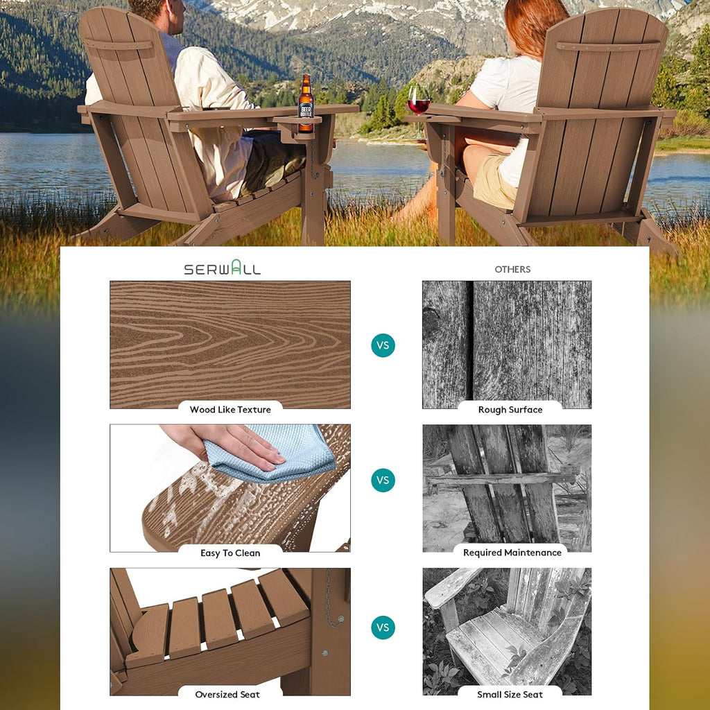 Outdoor Adirondack Chair Set of 2 with 2 Cup Holders,Foldable,Brown | HDPE Composite,Waterproof,Wood Grain,Cup &