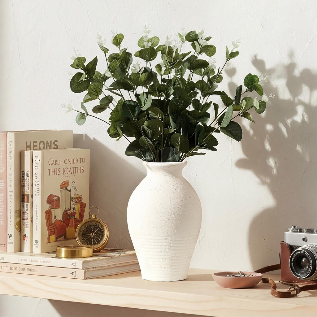 Ceramic Rustic Farmhouse Vase, 9.2 inch Whitewashed Terracotta Vase, Pottery Decorative Vases,Clay Decorative Vases