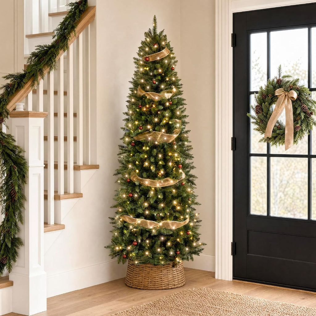 Artificial Pencil Christmas Tree with LED Twinkling Lights, Pre-Lit Spruce Realistic Holiday Xmas Décor, 250