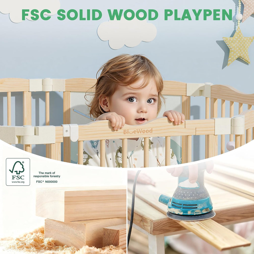 Foldable Wooden Playpen, 55 x 55 x 24 inches, Ocean Adventure, Natural | Adjustable Wood Baby Play Yard with