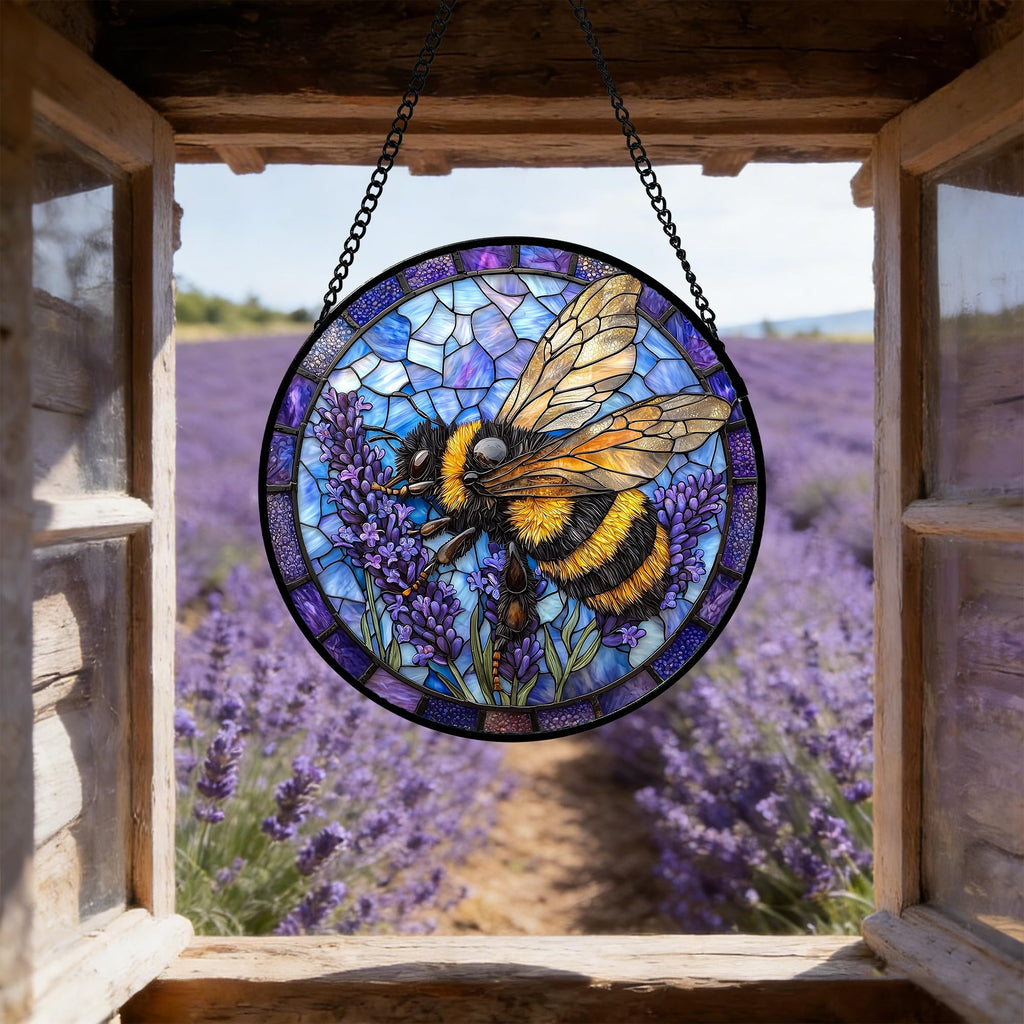Bee Lavender Stained Glass Window Hanging Suncatcher Gifts for Women 6.3"
