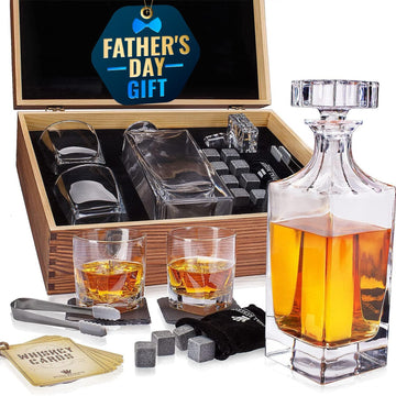 Whiskey Decanter Gift Set by - Liquor Bourbon Decanter 24 oz 750 ml with Glasses, Chilling Stones, Coasters and Tong
