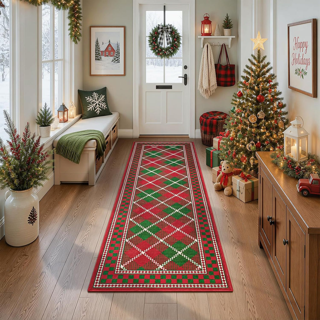 Christmas Runner Rug, Red Green Checkered Rugs with Low Plie Non-Slip Backing, Washable Stain-Resistant Plaid
