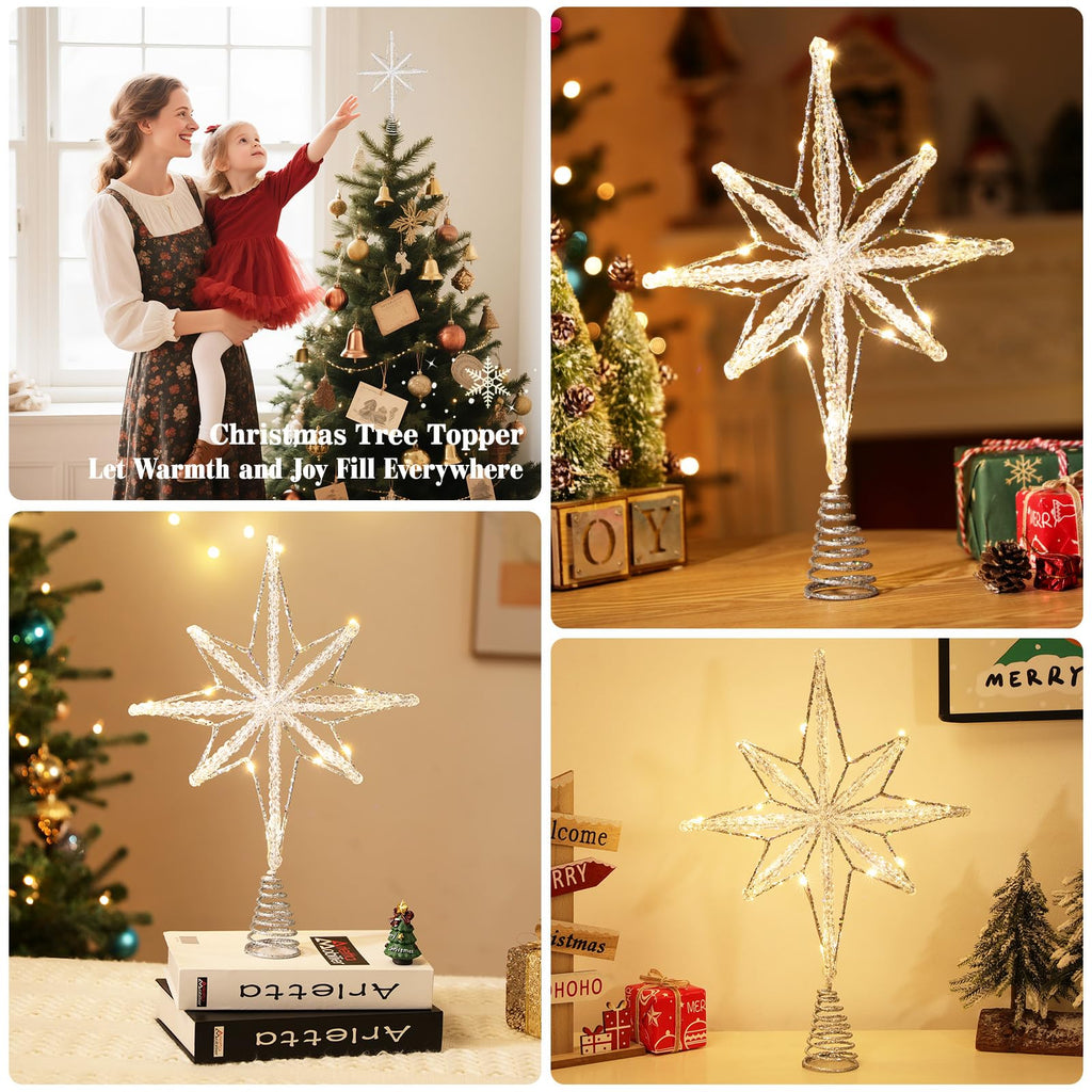Crystal Lighted Christmas Bethlehem Star Tree Topper, Silver