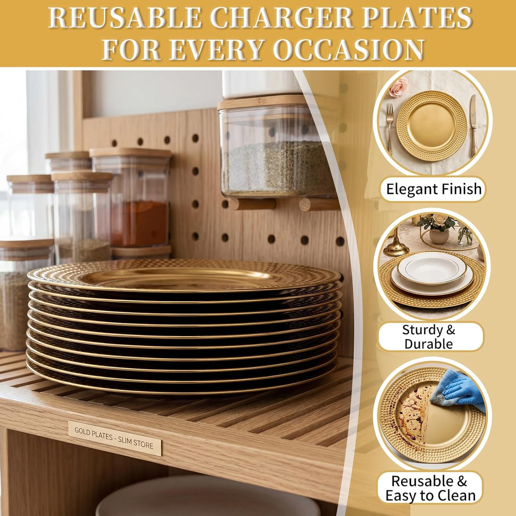 100 Pcs 13" Gold Charger Plates,Round Charger Plates with Hammered Rim,Premium Gold Chargers,Stylish Chargers for