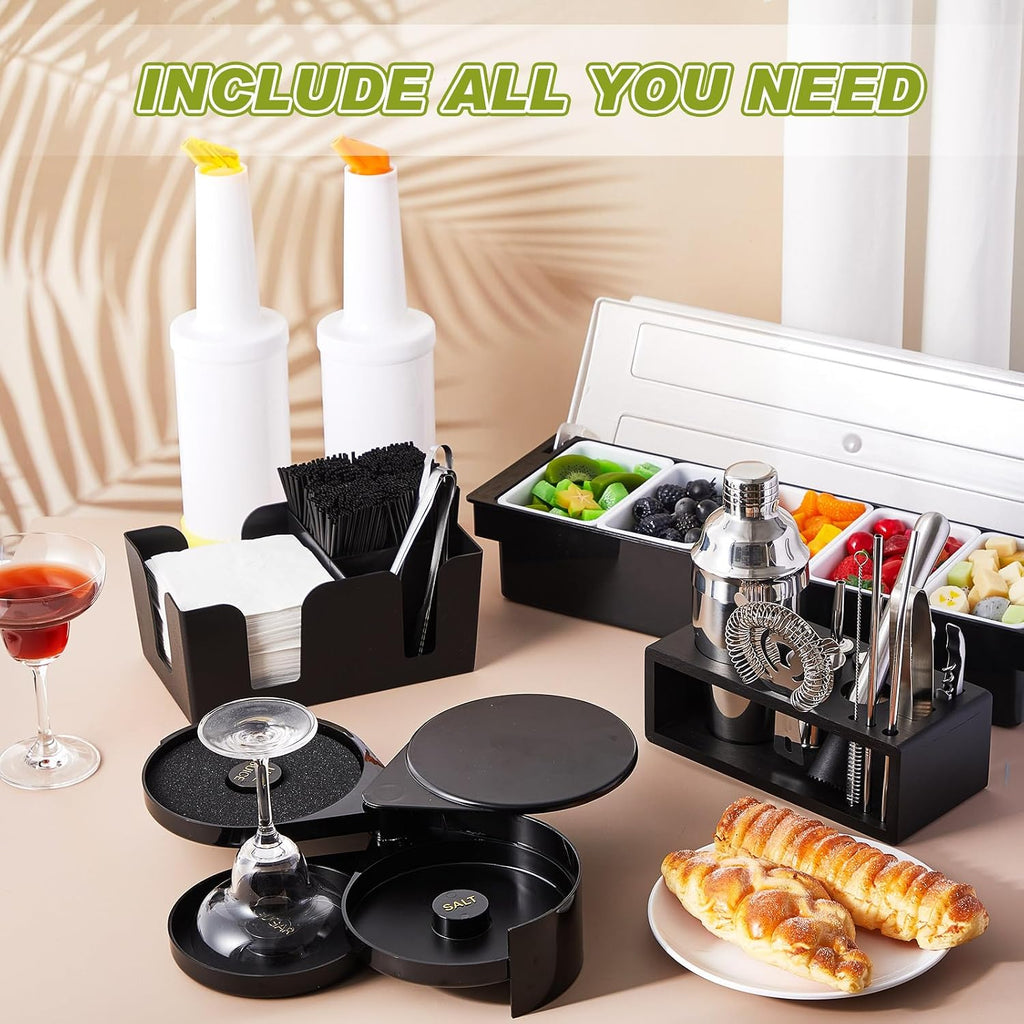 Bartender Supplies Kit Garnish Tray for Bartenders with Bar Caddy 3 Tier Salt Rimmer Cocktail Shaker - Set of 23