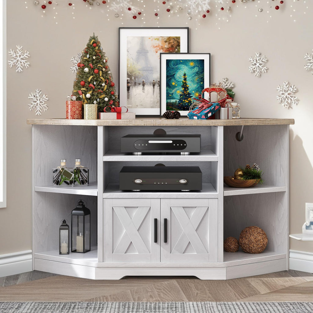 Corner TV Stand for 55/50 Inch TV, Farmhouse TV Stand, Entertainment Center with Storage & Power Outlet, TV Console