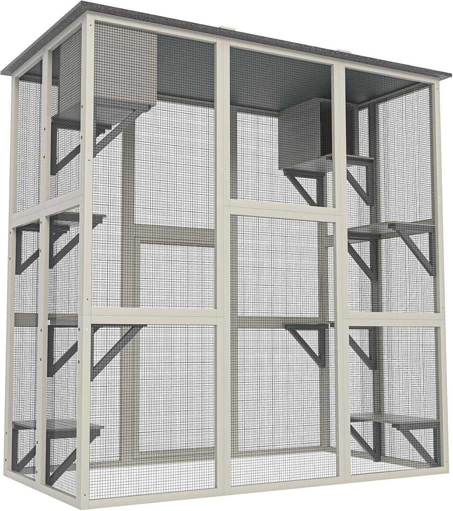 Gray Wooden Outdoor Catio Cat Enclosure with Weatherproof Asphalt Roof, Large Walk-in Cat House with 6 Platforms & 2