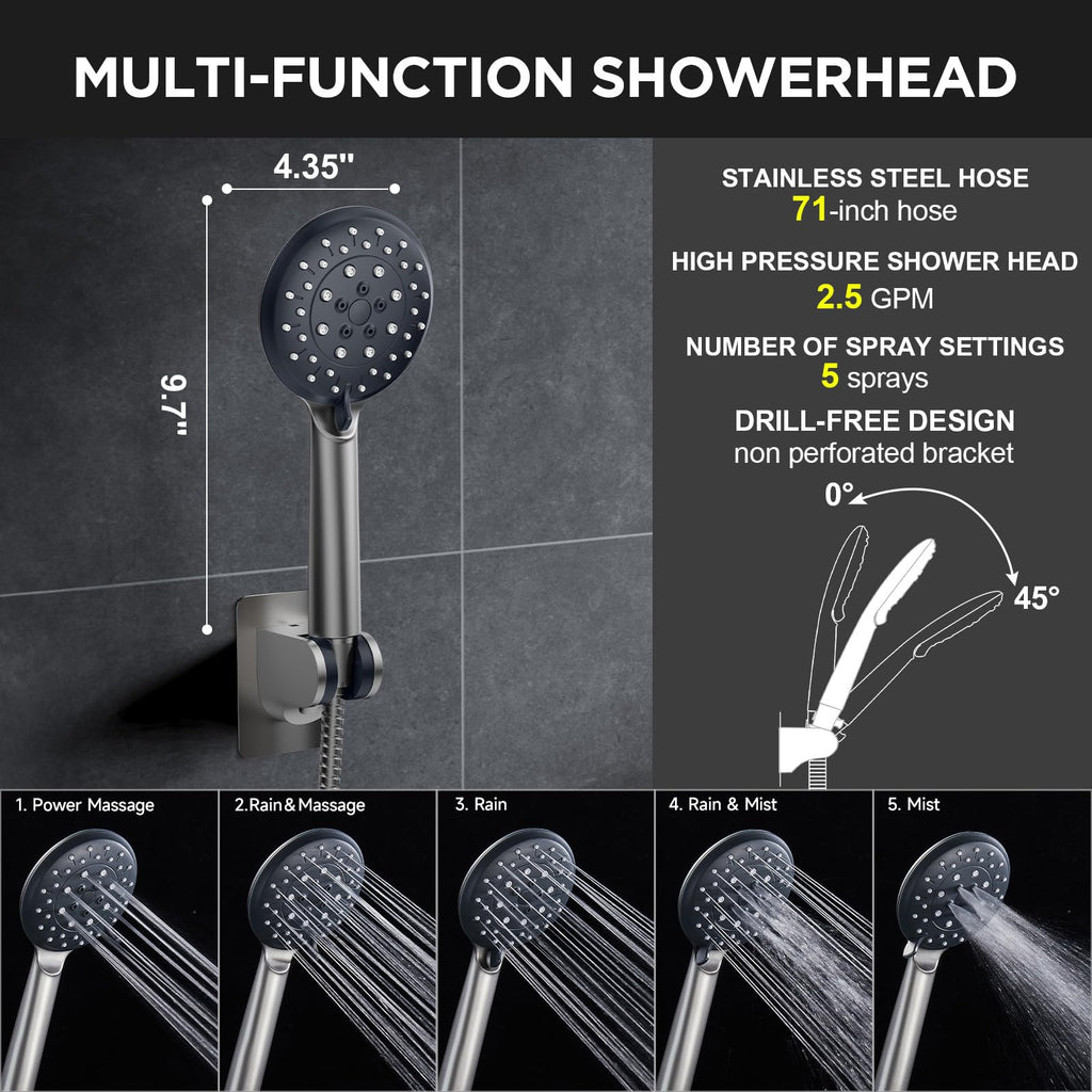 Gunmetal Gray 11.8" High Pressure Shower Head with Handheld, Durable