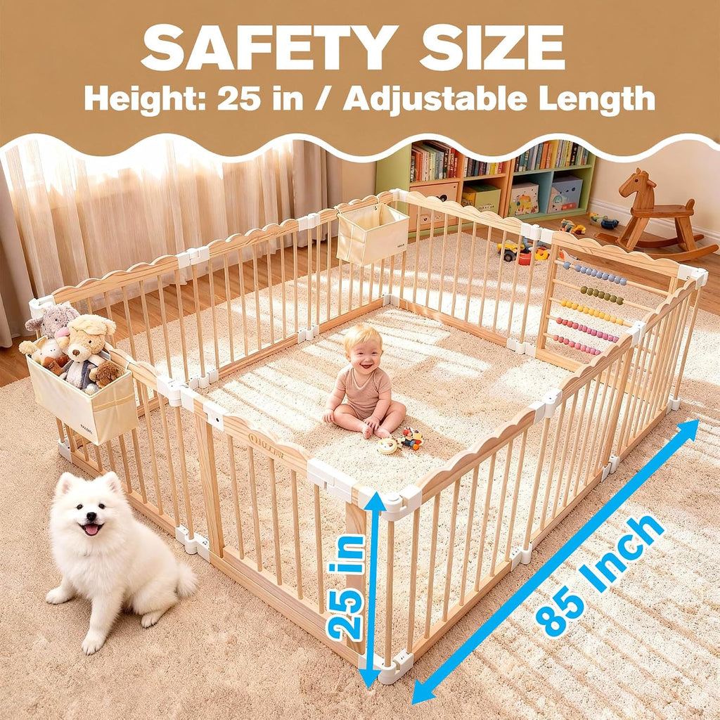 Foldable Wooden Baby Playpen, Adjustable Safety Playpen, 86x57x25in | Adjustable Shape & Size with 2-Pack Storage