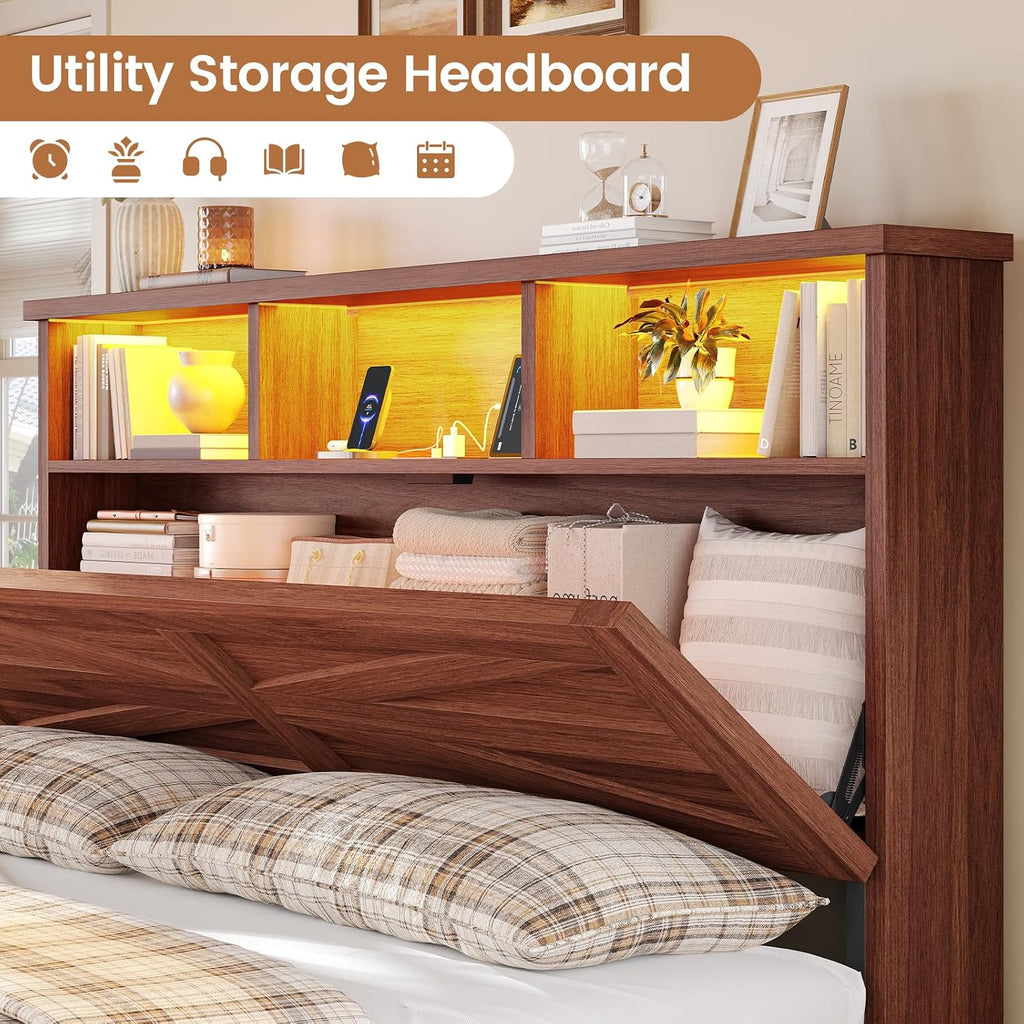 Full Bed Frame with 6 Drawers, Farmhouse Bed Frame with Barn Door Headboard and Storage, Wood Platform Bed Frame Full