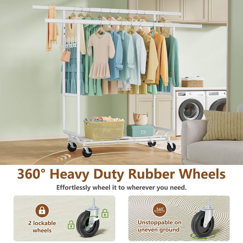 2-Minute Assembly Double Rod Clothes Rack, Heavy Duty Rolling Clothing Racks with Wheels, Foldable Commercial Garment