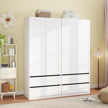 Armoire Wardrobe Closet with Drawers:75" Large White Wardrobe Closet Cabinet with 4 Doors for Hanging Clothes, Modern