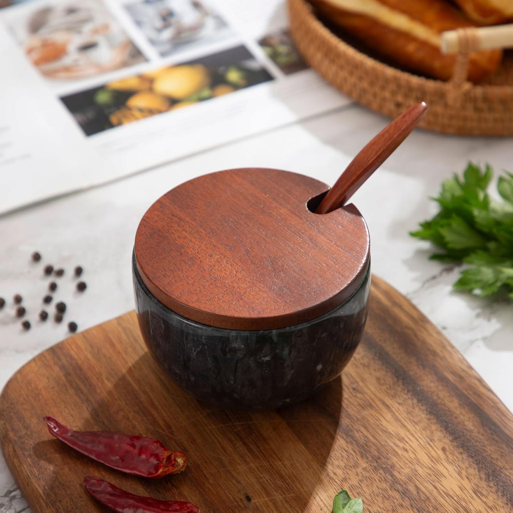 Marble Salt Cellar with Lid and Spoon, Acacia Wood, Black