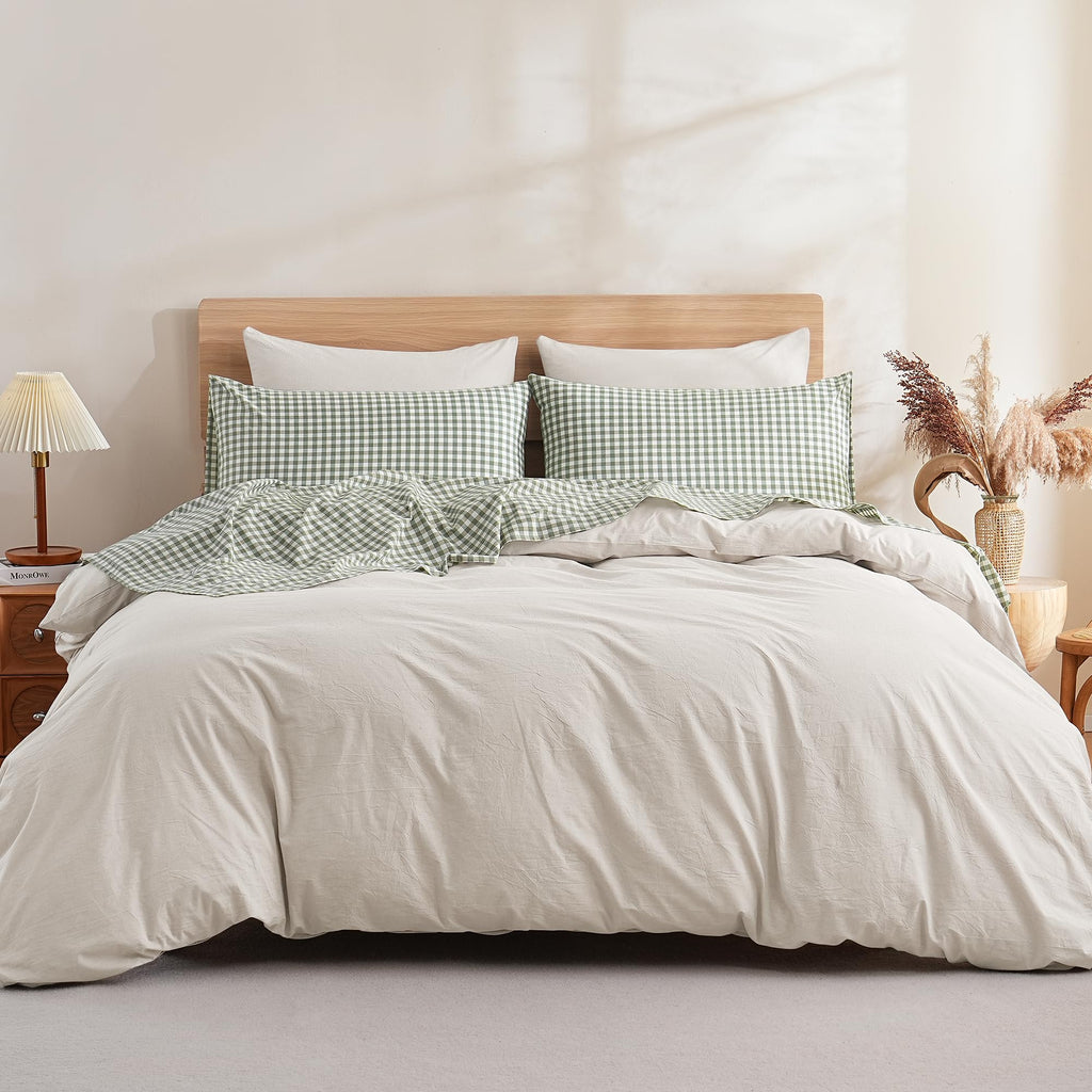 Green Brown Gingham Sheets Set 100% Washed Cotton Like Linen, King