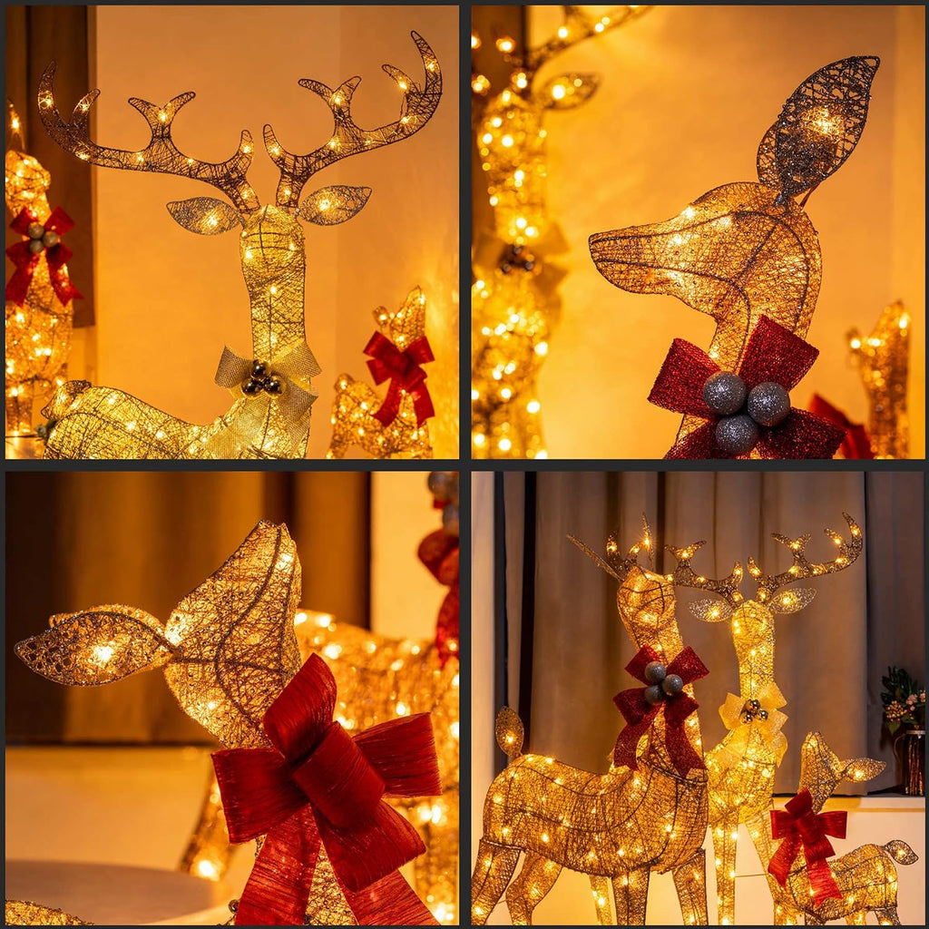 3D Christmas Reindeer Family, 3-Piece Holiday Pre-lit Glitter Deer