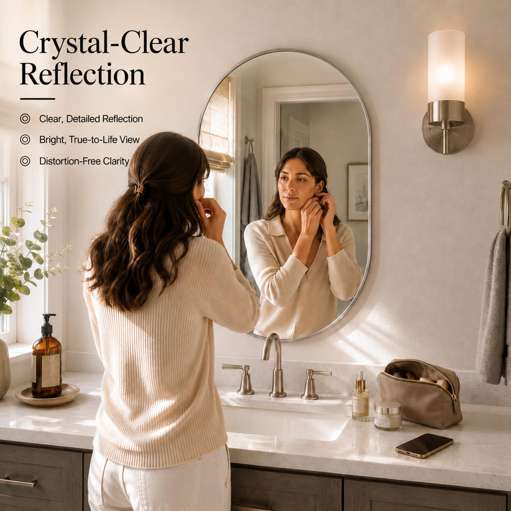 20x30 Inch Pill Shaped Bathroom Mirror for Vanity, Brushed Nickel