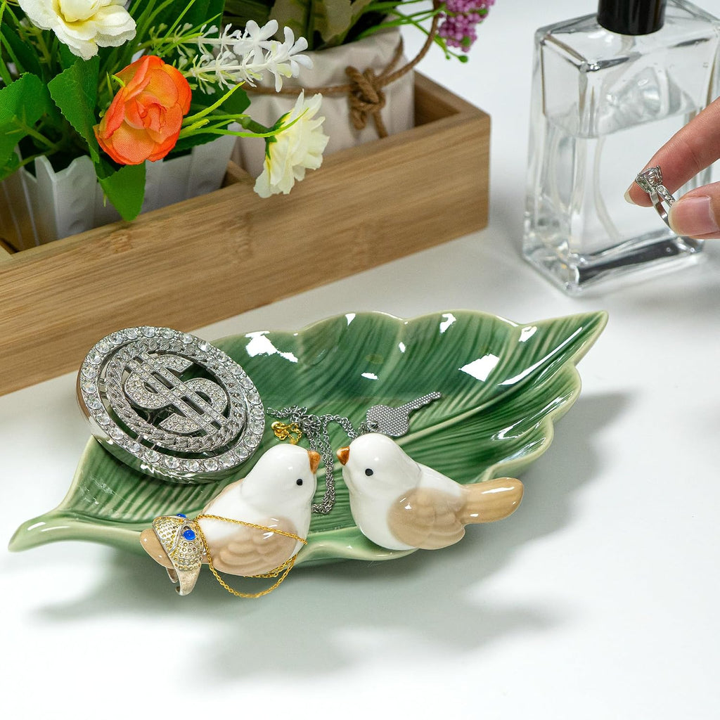 Green Ceramic Leaf Jewelry Tray with Bird Accents