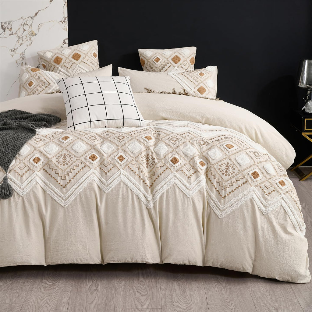 Beige Textured Cotton Boho Duvet Cover Set King 3D Embroidery No Shedding