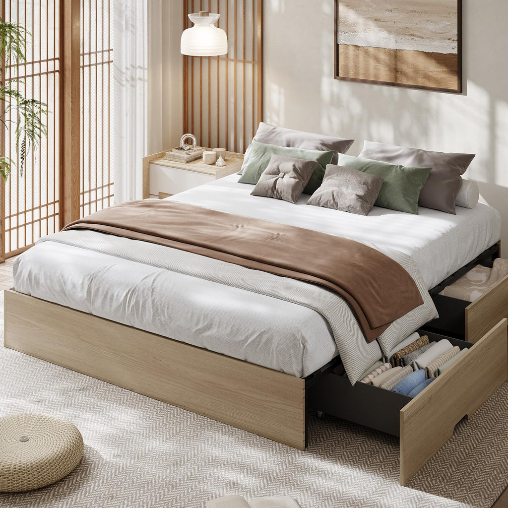 Wood Platform Bed Frame, Full Bed Frame with 2 Drawers