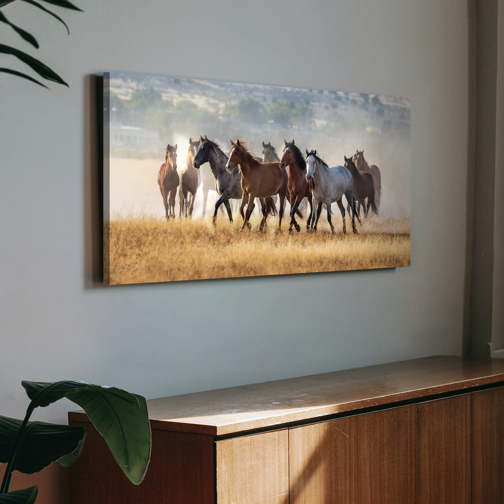 Running Horse Canvas Wall Art, Western Horse Herd Picture, 40x20