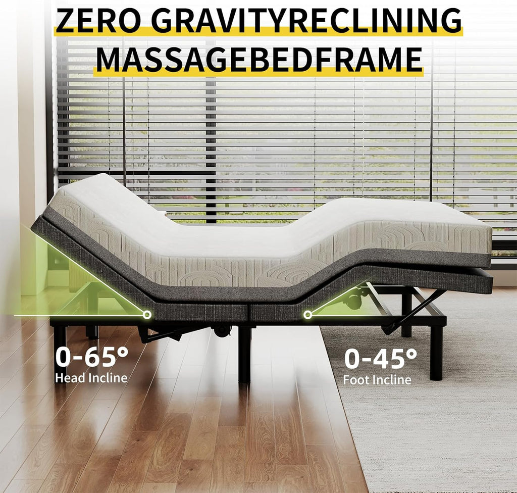 Full Massage Adjustable Bed Frame with 6 Vibration Modes & Timer, Independent Head/Foot Incline, 2 USB, Wireless
