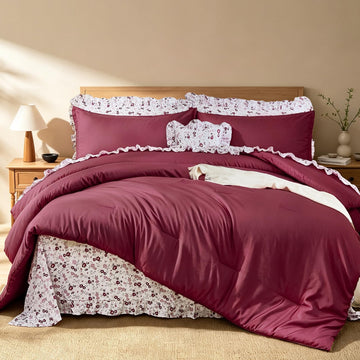 8PC Comforter Set Burgundy, Ruffle Comforter with Floral Sheets