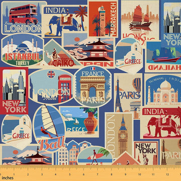 Multicolor Urban Landscape Retro Plaid Fabric, 2 Yard Bolt, 72" L x 59" W, Waterproof, Soft Polyester, Printed