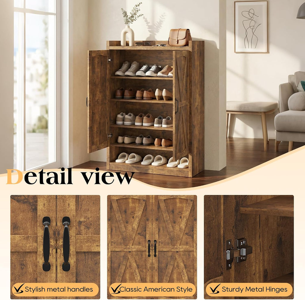 5-Tier Shoe Cabinet with Doors, Adjustable & Removable Shelves, Wooden Farmhouse Shoe Storage Organizer, Entryway