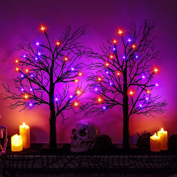 Halloween Decorations Indoor - 2Pack 24 Inch Spooky Black Tree with Lights, Lighted Tabletop Tree with Timer - Set of 2