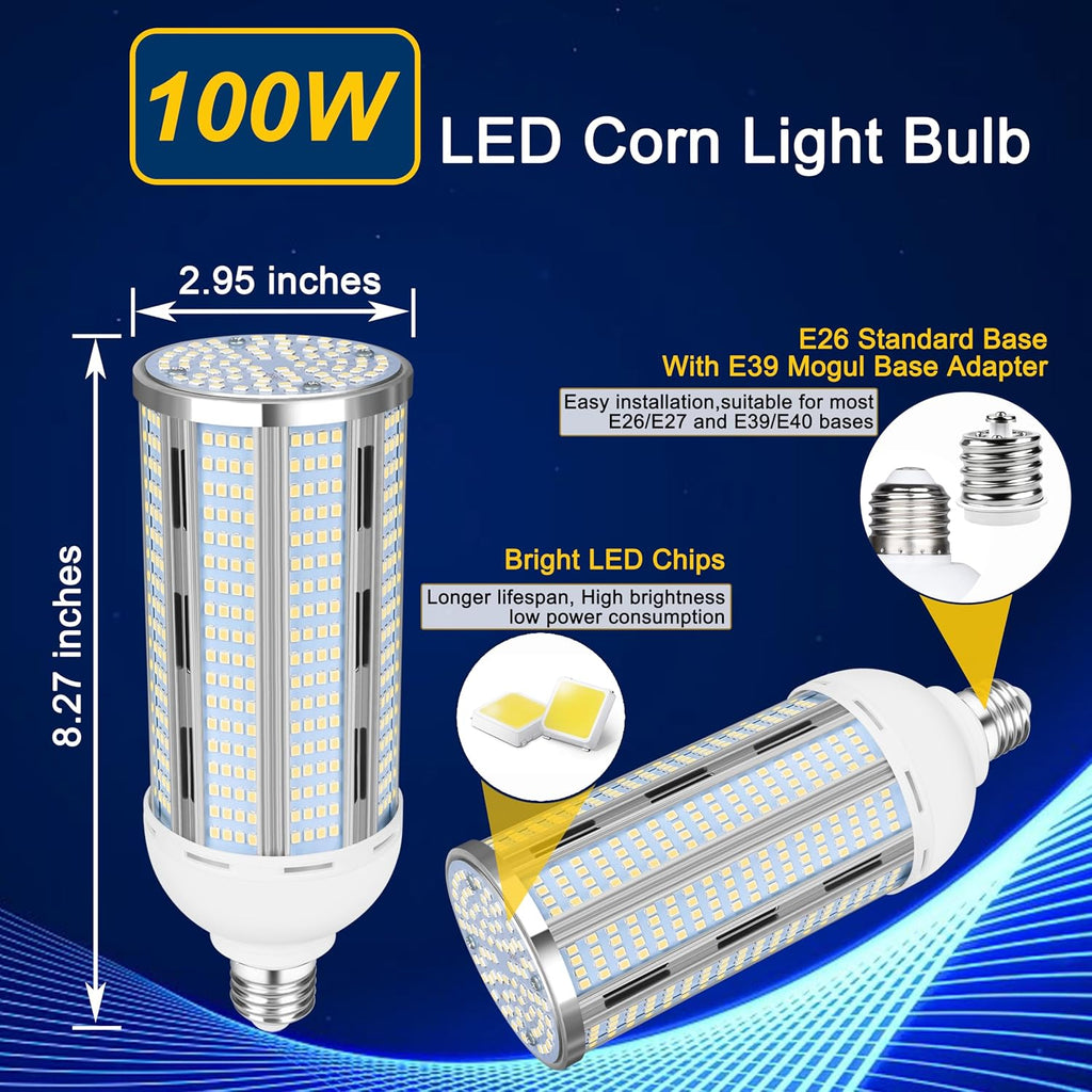 2Pack 100W LED Corn Bulb, 12500LM Super Bright 5000K Daylight White, E26/E39 Large Mogul Base, 400W Metal Halide MH