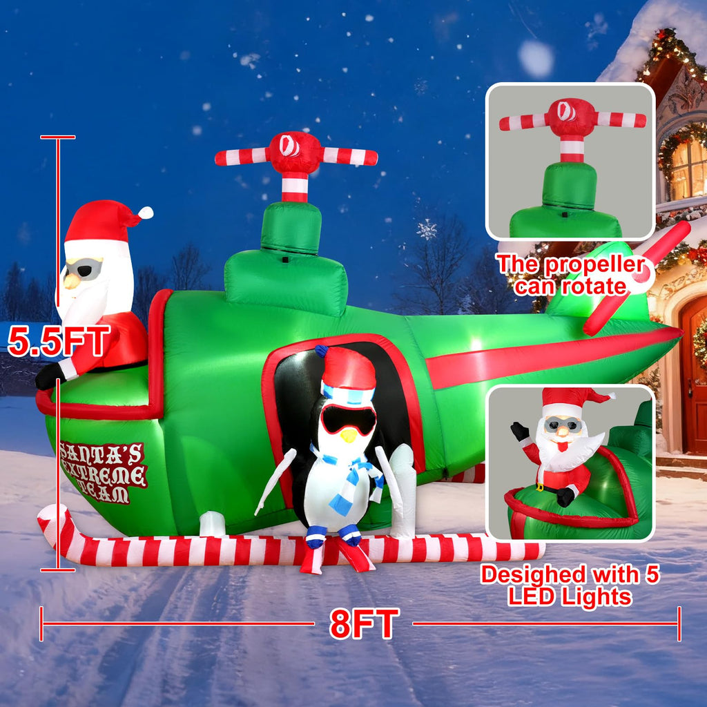 8ft Wide&5.5ft Tall Christmas Inflatable Outdoor Decorations, Blow up Yard Decor with Santa Claus to Fly a Helicopter