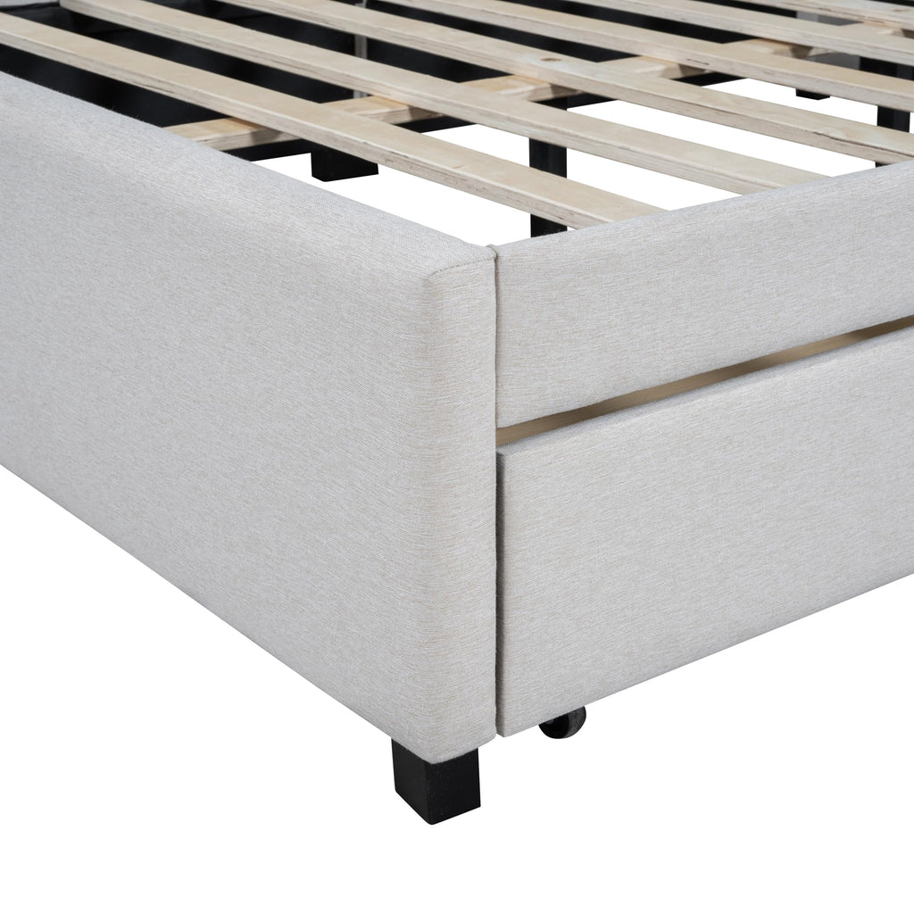 Upholstered Daybed with 2 Storage Drawers, Full Size Sofa Bed Frame, No Box Spring Needed, Linen Fabric, Beige