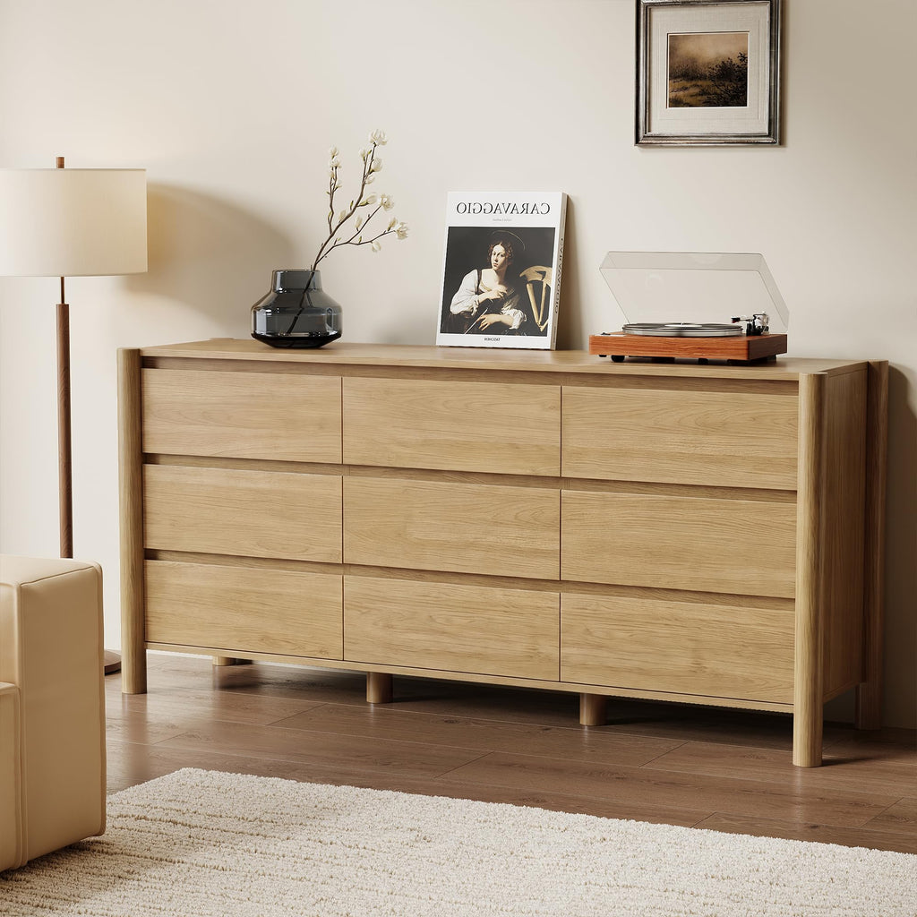 Oak Dresser, 63" Wide 9 Drawer Mid Century Modern Chest