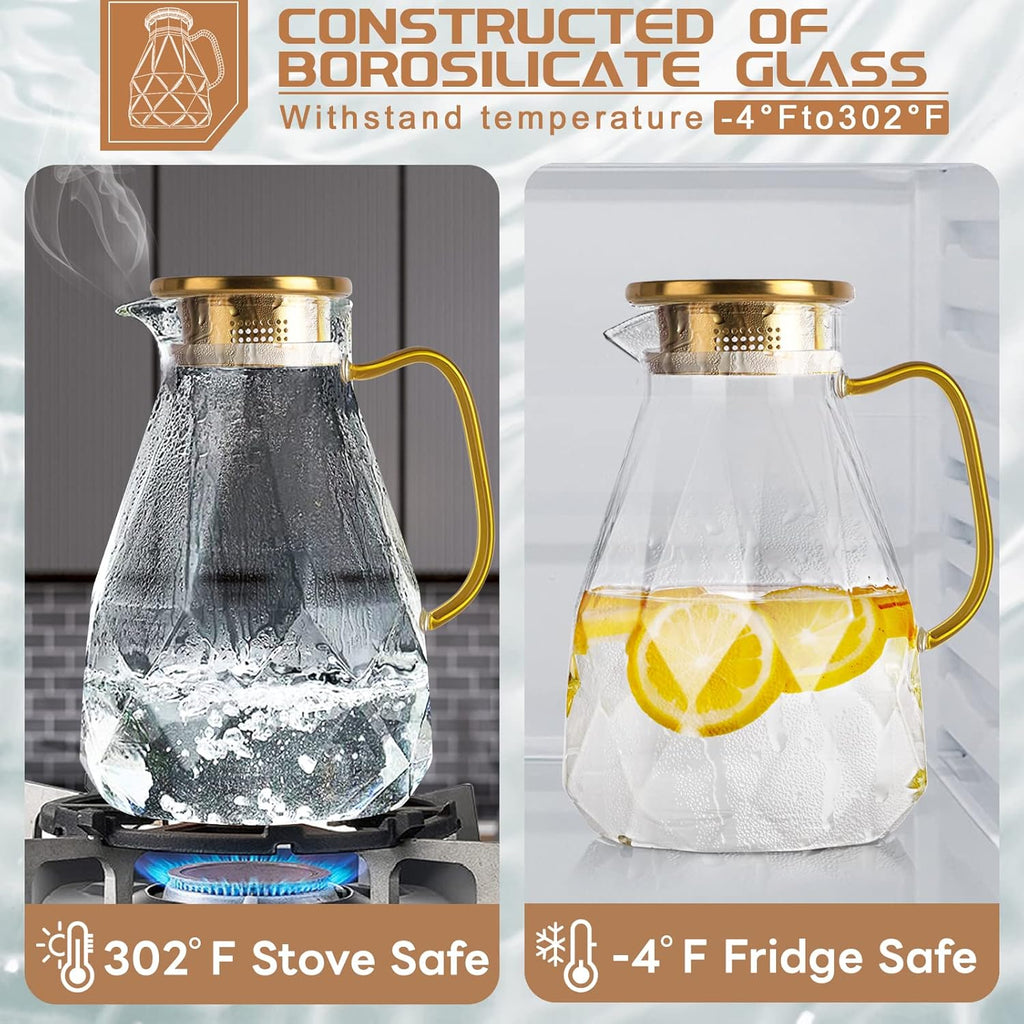 Glass Pitcher, 2.2 Liter Water Pitcher With Lid,Iced Tea Pitcher for Fridge,Carafe With Lid, Glass Water Jug For