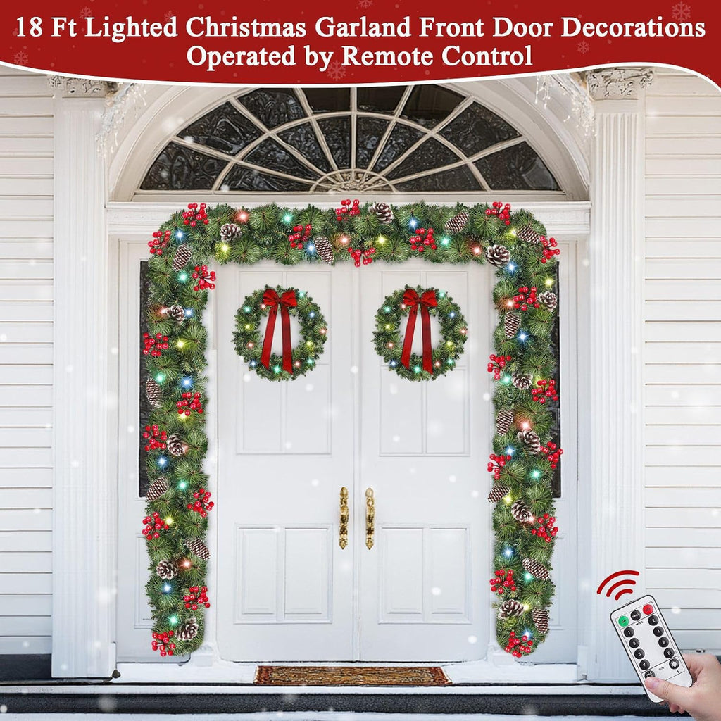 Remote Control&Extra Long&12 Modes-18 Ft Prelit Christmas Garland for Stairs Railing Mantle Front Door Porch Indoor