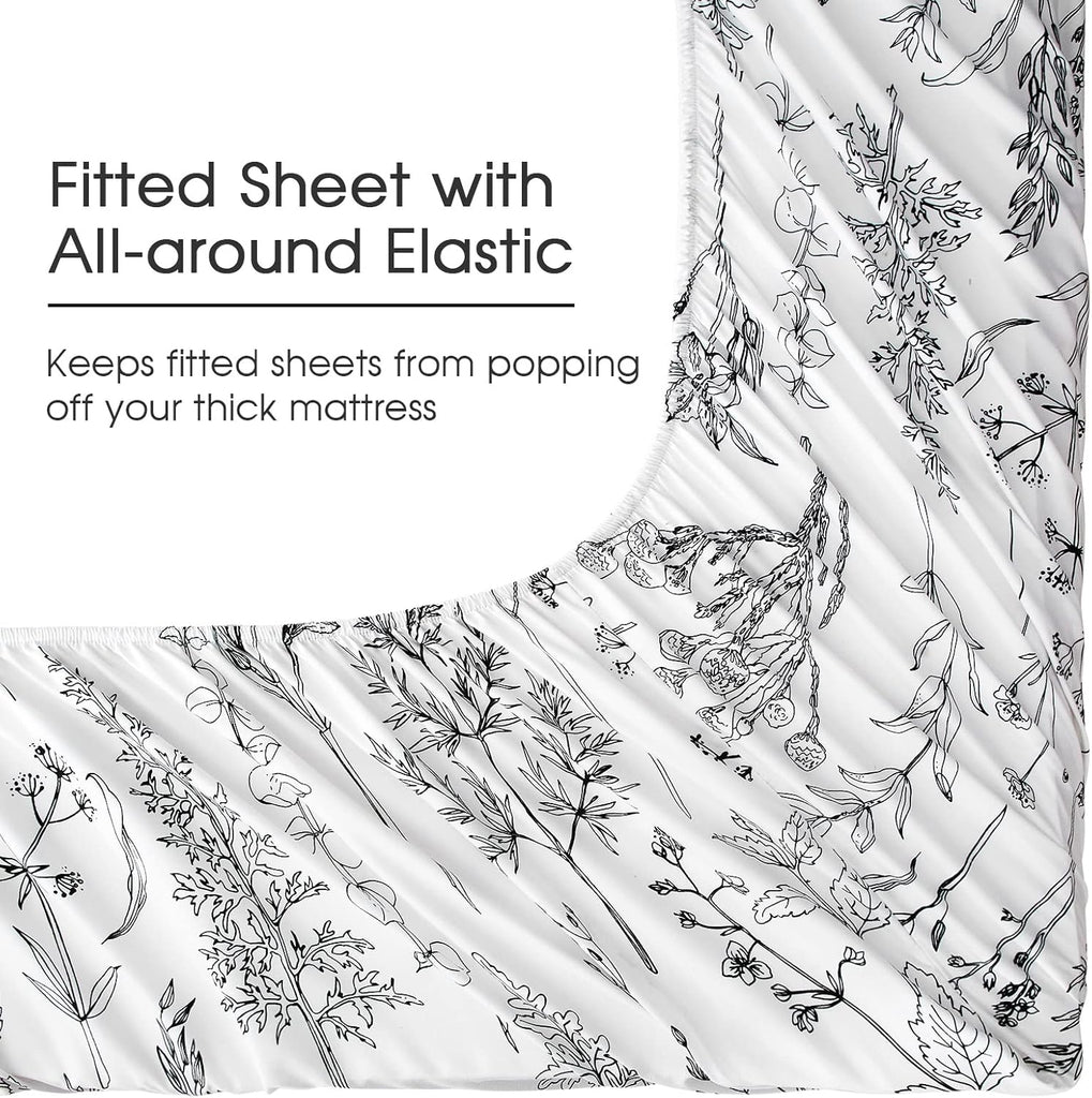Floral Bed Sheets King, 18 inches Deep Pocket Sheets 1800 Thread Count, Black and White Leaf Sheet Set Soft