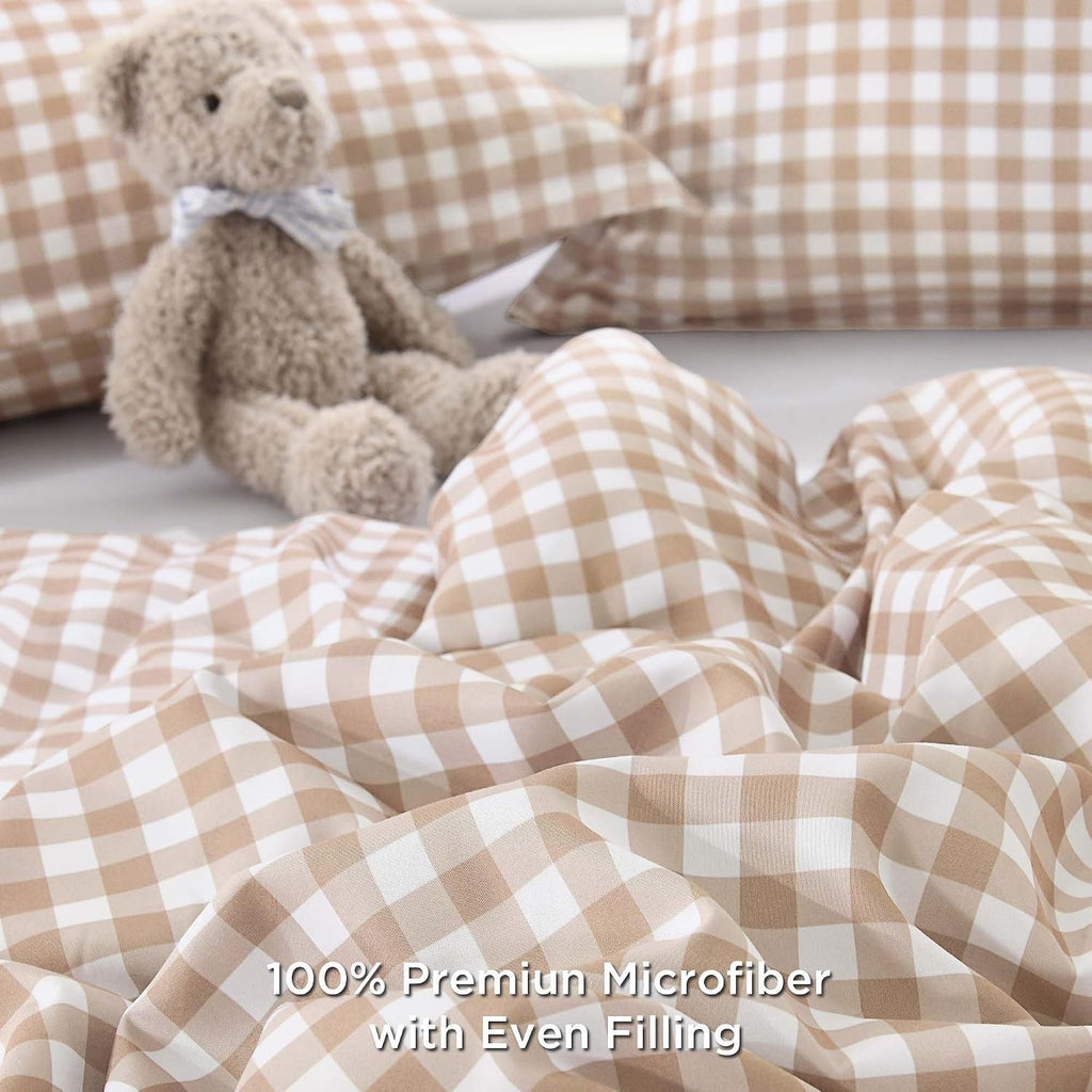 Tan Gingham Comforter Set Twin(66x90Inch), Brown Checkered Grid Plaid Buffalo Bed Set for Girls Boys Kids Teens, 2