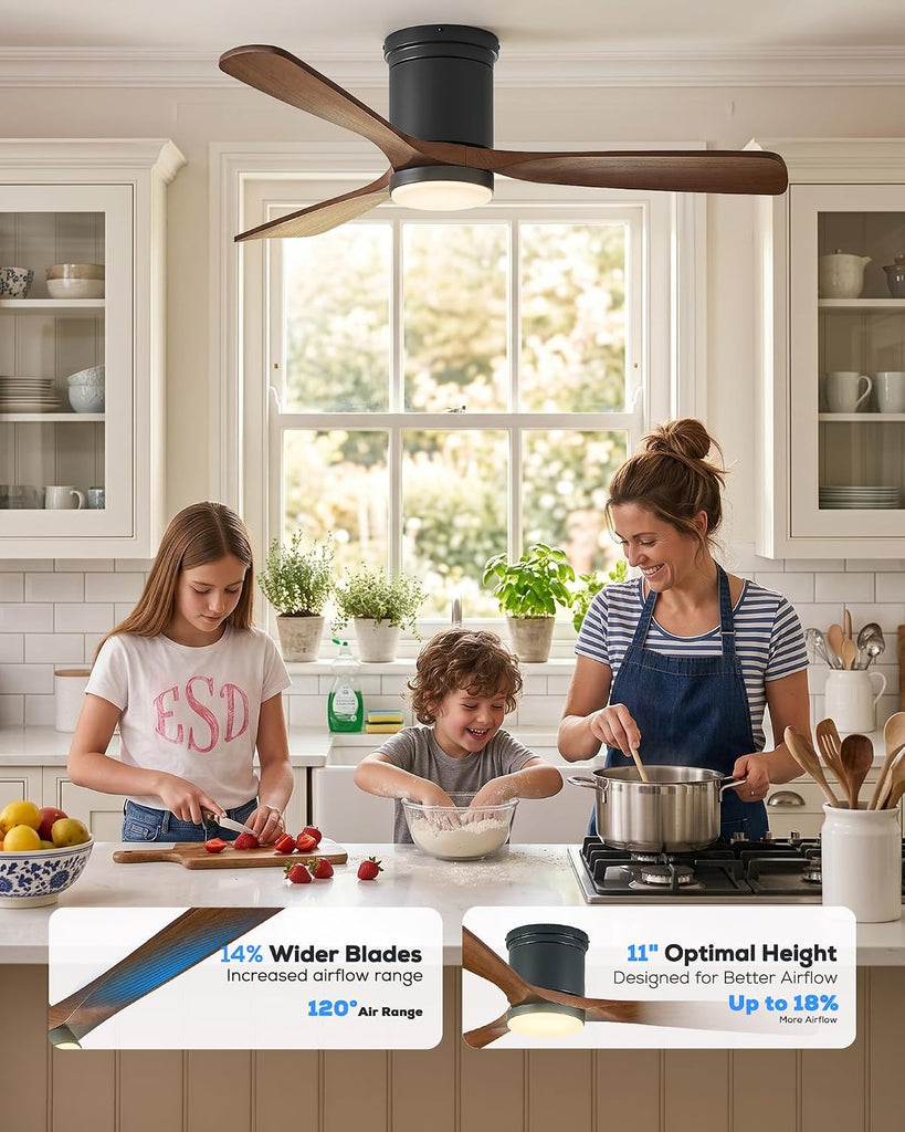 60 Inch Smart Flush Mount Ceiling Fan with Light, Low Profile Ceiling Fan with 3 Solid Wood Walnut Blades, Dimmable LED, Ultra Quiet DC Motor, Alexa & Remote Control, Indoor Outdoor, Walnut