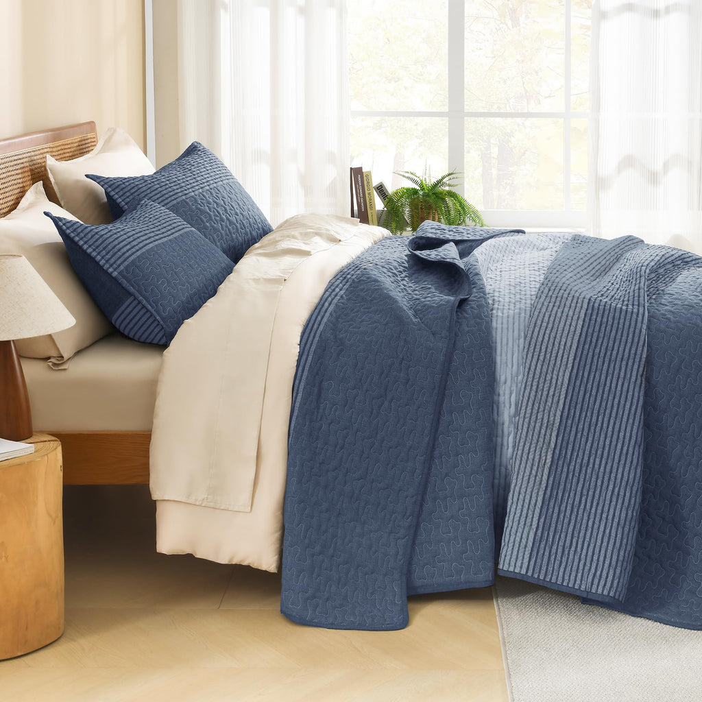 Oversized Queen Quilt, 3 Pcs Sapphire Blue Stripe Bedding Set