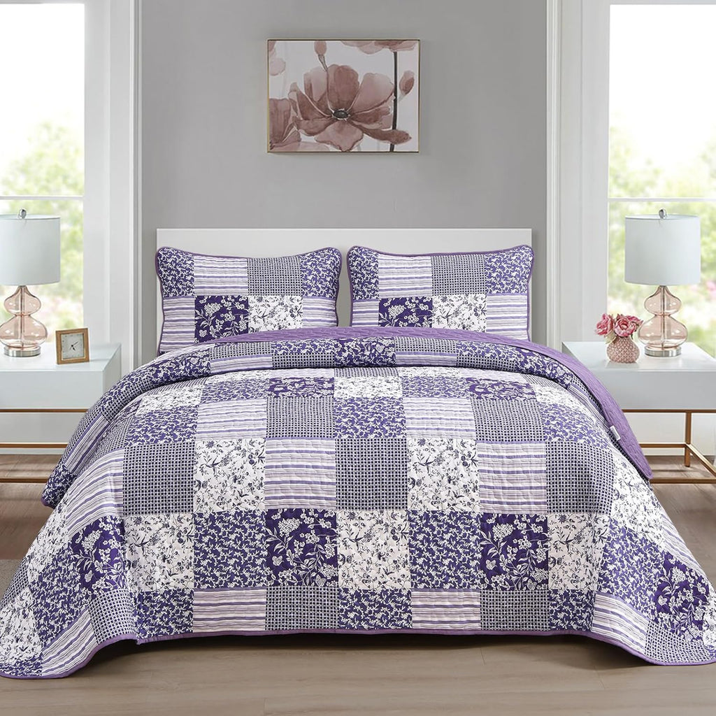 Quilt Set Queen,3 Pieces Boho Floral Plaid Bedspread Coverlet Set for All Season,Patchwork Reversible Bedding Set