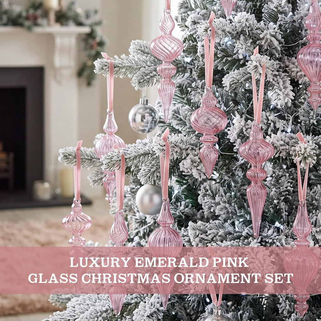 Vintage Glass Finial Christmas Ornaments, Pink - Set of 12